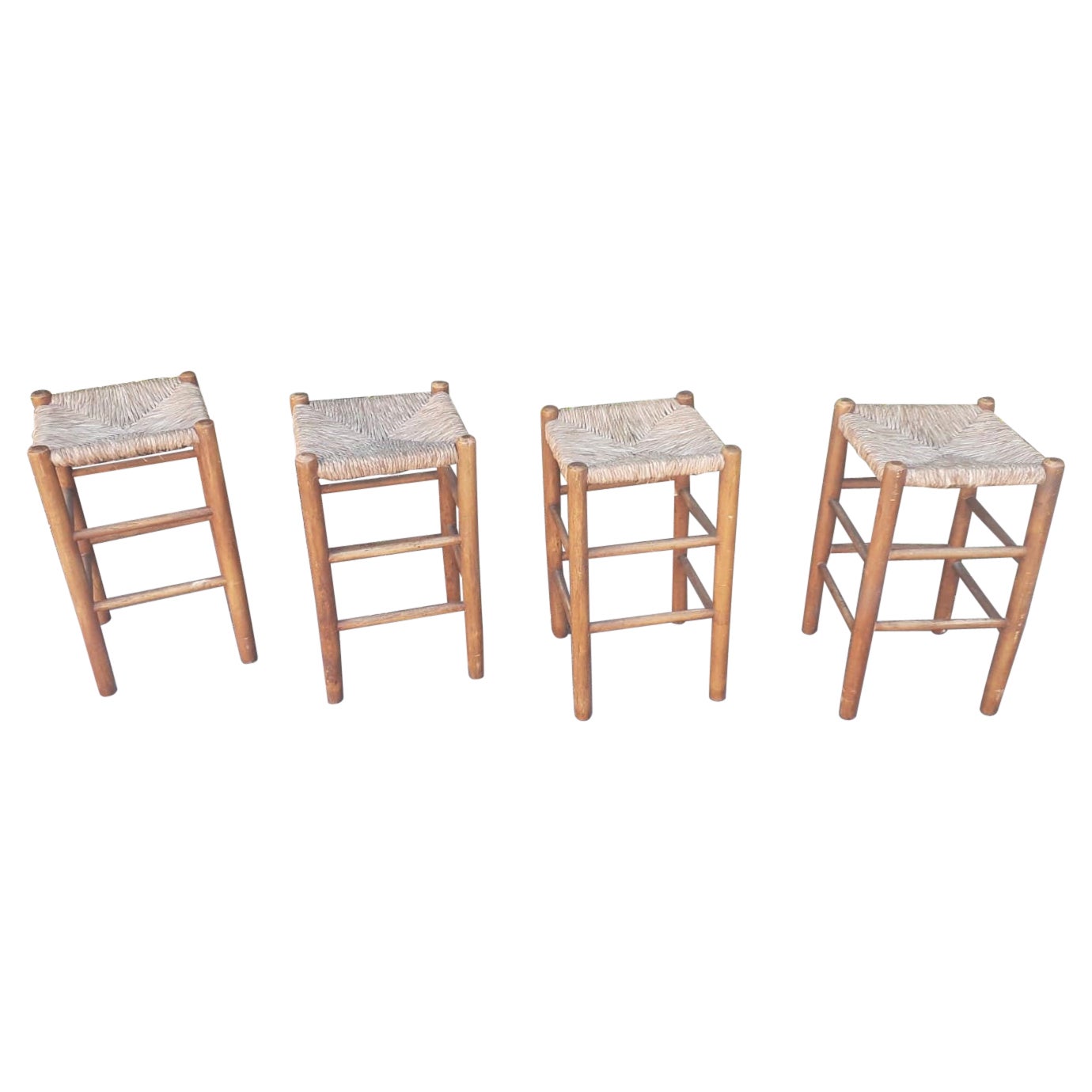 Four Wood and Straw High Stools For Sale