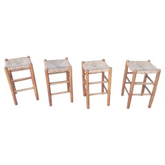 Vintage Four Wood and Straw High Stools