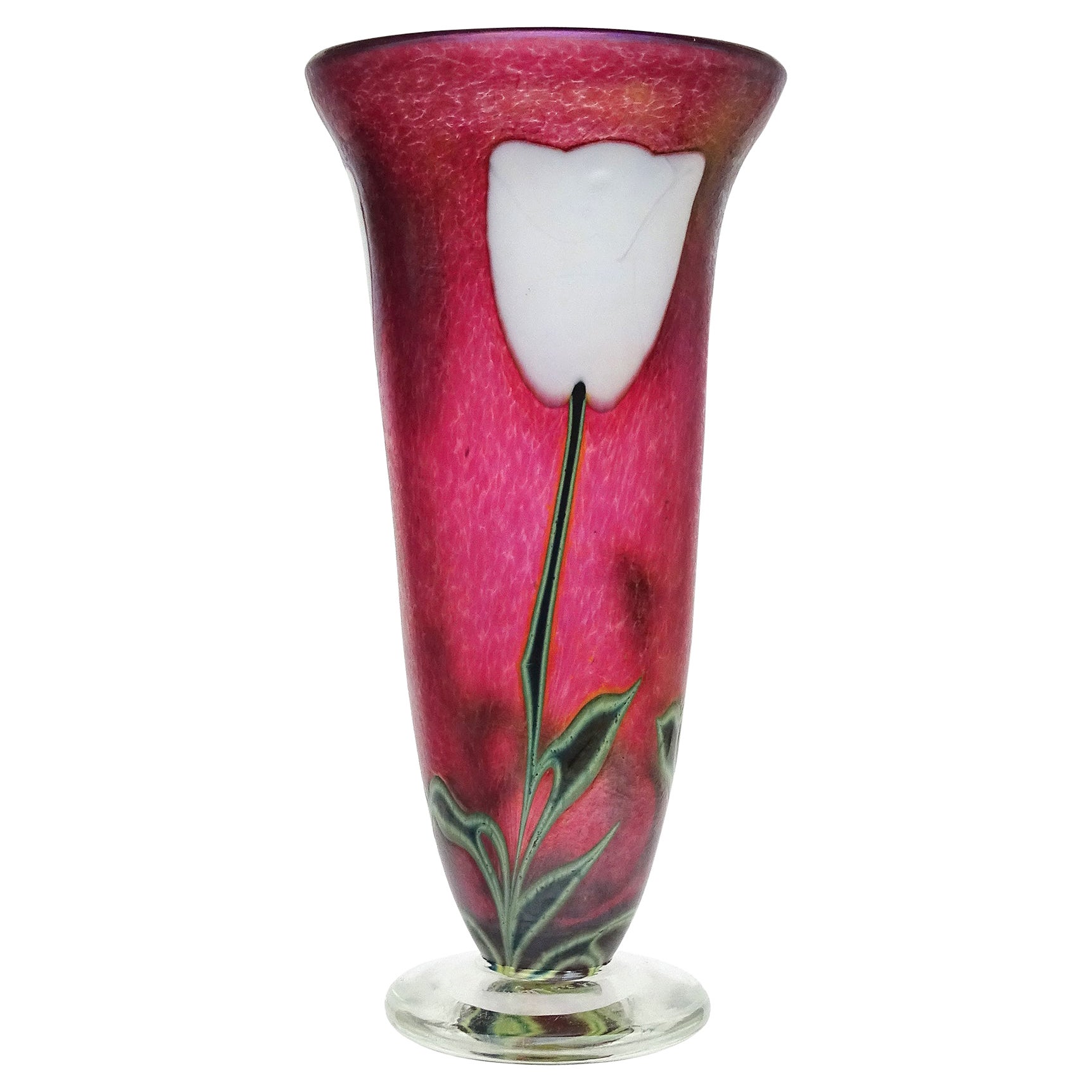 Robert Held Signed Iridescent Pink White Tulips Art Glass Footed Trumpet Vase