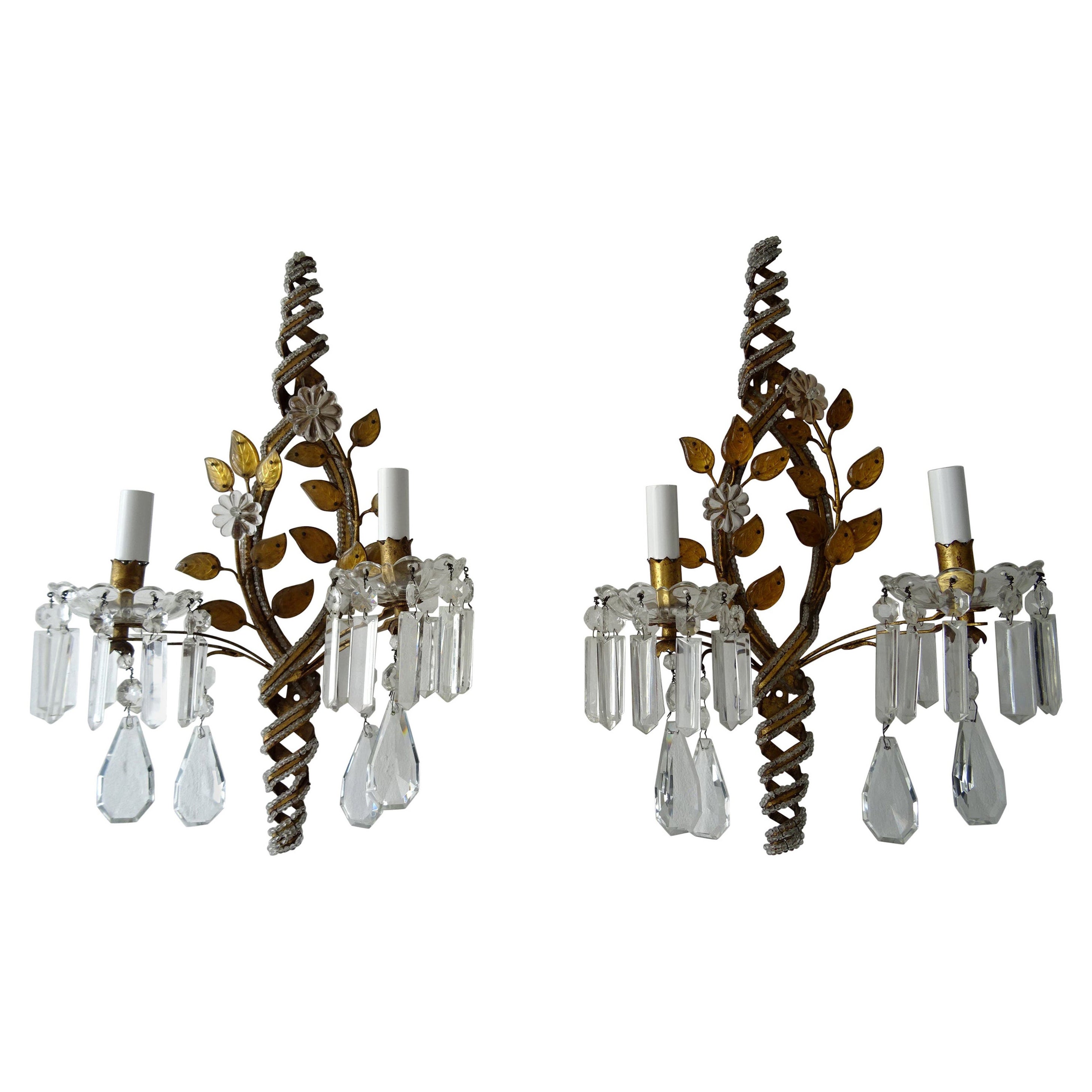 French Maison Baguès Crystal Prisms Leaves Beaded Sconces Signed For Sale