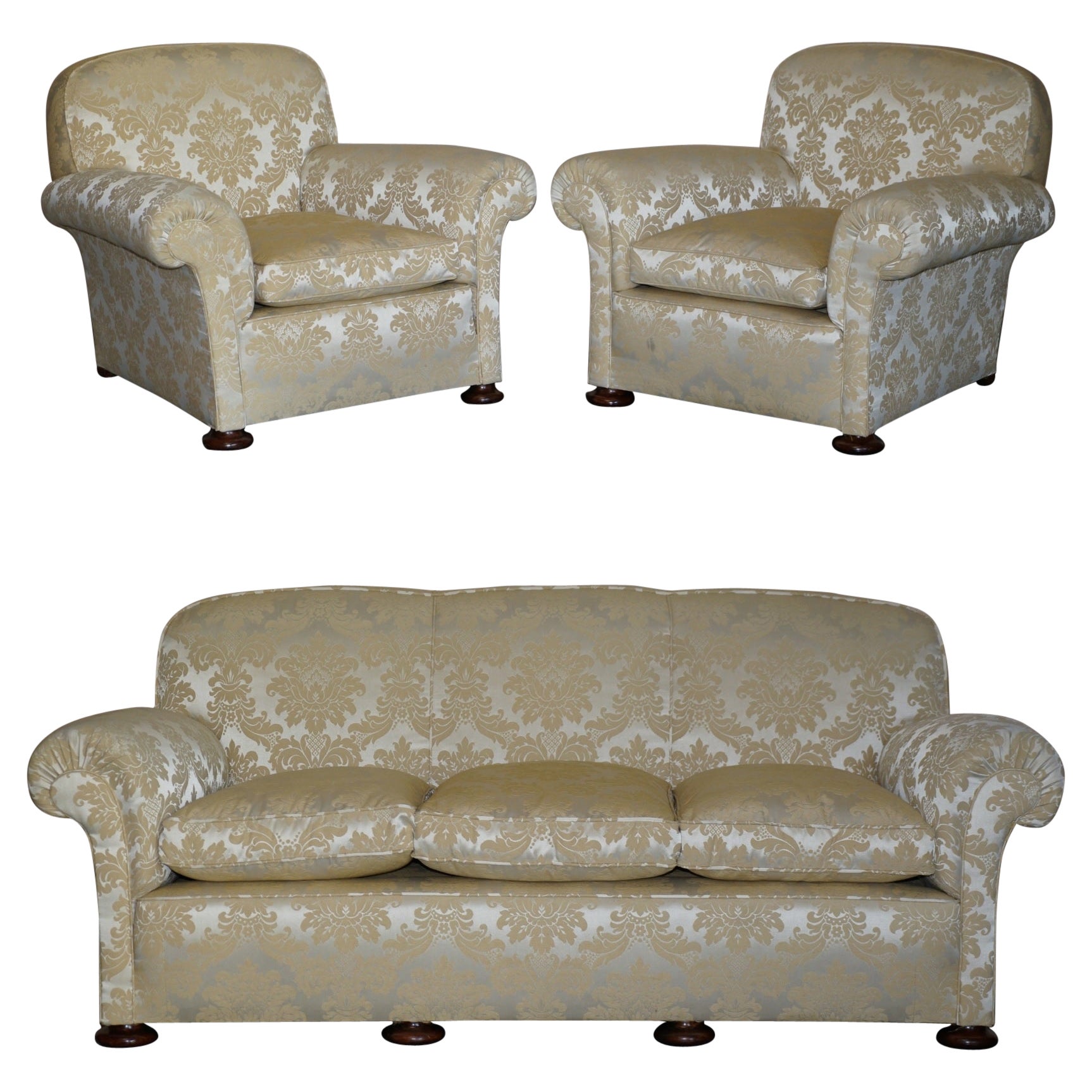 Antique Victorian Sofa & Armchair Club Suite Damask Upholstery Turned Bun Feet