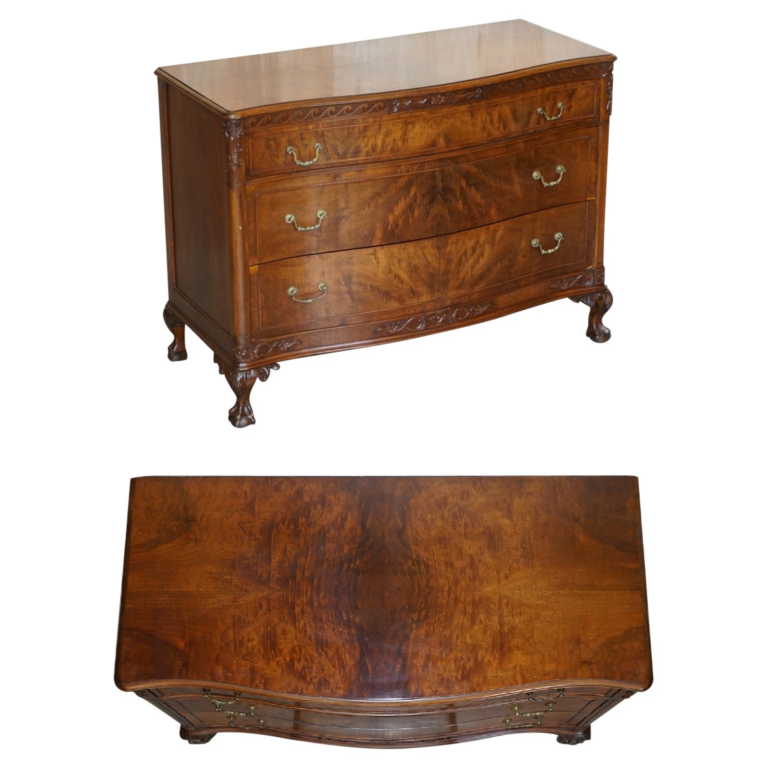Antique Serpentine Fronted Claw & Ball Feet Flamed Hardwood Chest of Drawers For Sale