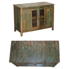 Antique circa 1900 Hand Painted Green Distressed Sideboard Cupboard Cabinet