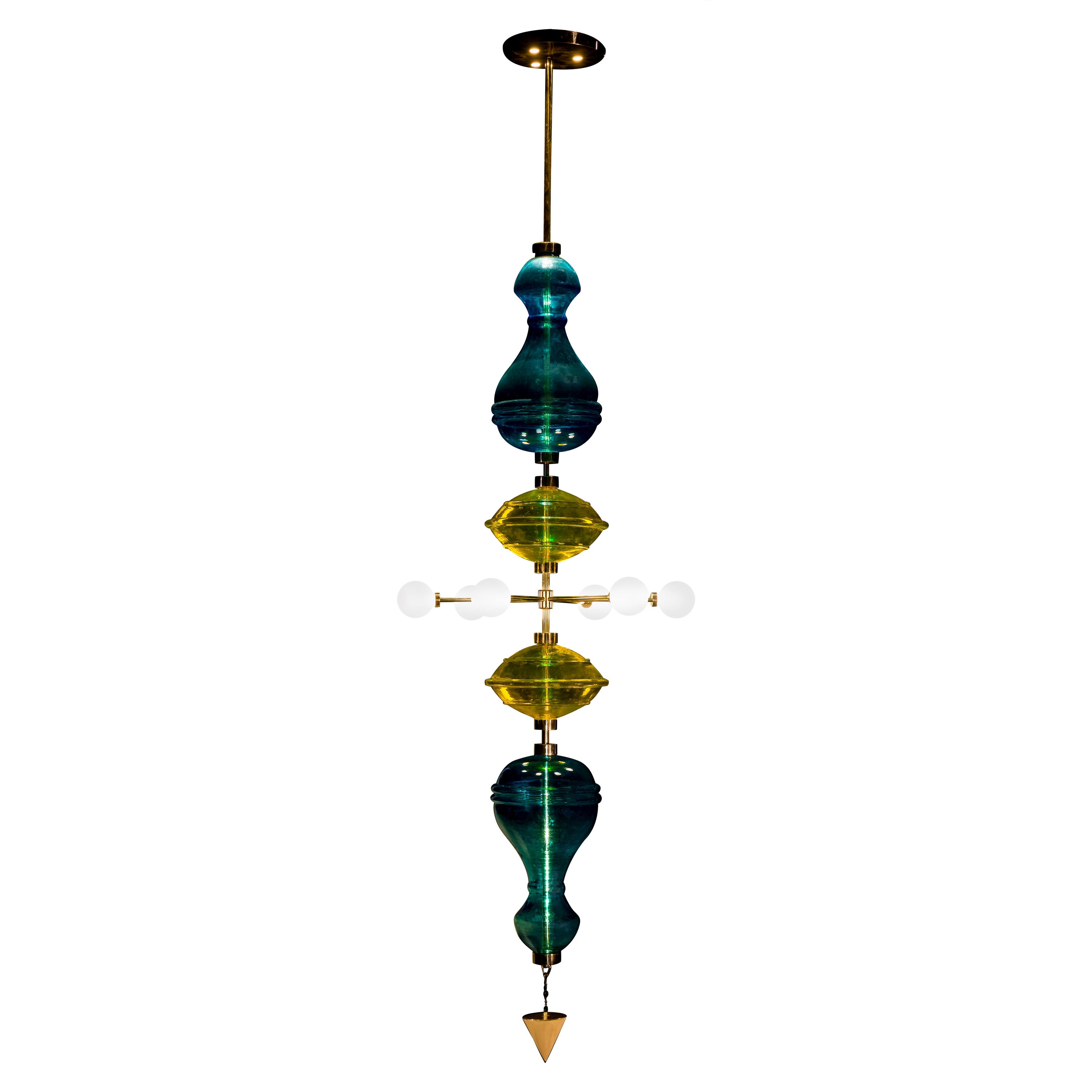 Shikhara Hanging Pendant Light, 9 Feet Edition with Blown Glass and Brass For Sale