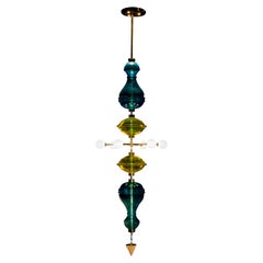 Shikhara Hanging Pendant Light, 9 Feet Edition with Blown Glass and Brass