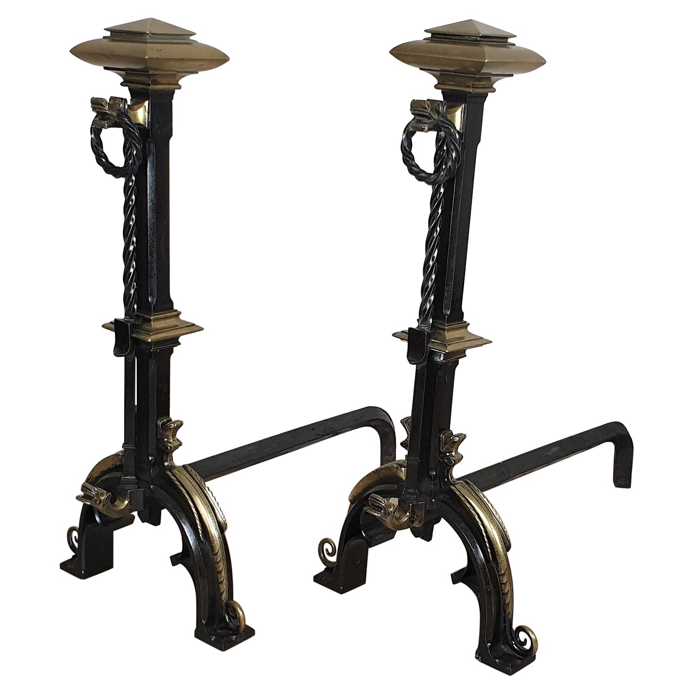 Curious Pair of Andirons in Patinated Bronze and Iron, in the Gothic Style, with For Sale