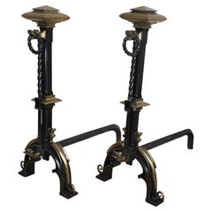 Antique Curious Pair of Andirons in Patinated Bronze and Iron, in the Gothic Style, with