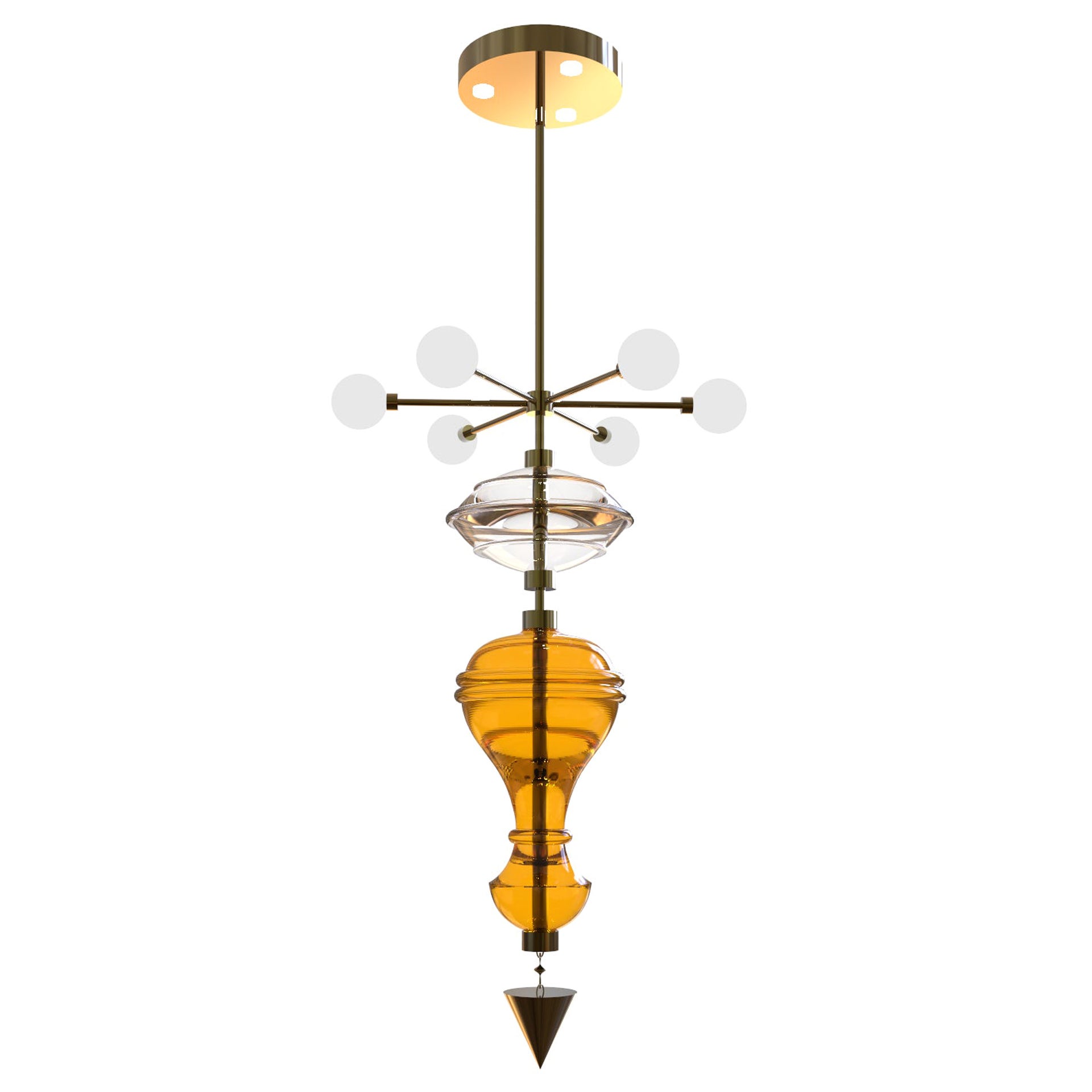 The Shikhara Hanging Pendant Light, 6 Feet Edition with Blown Glass and Brass For Sale