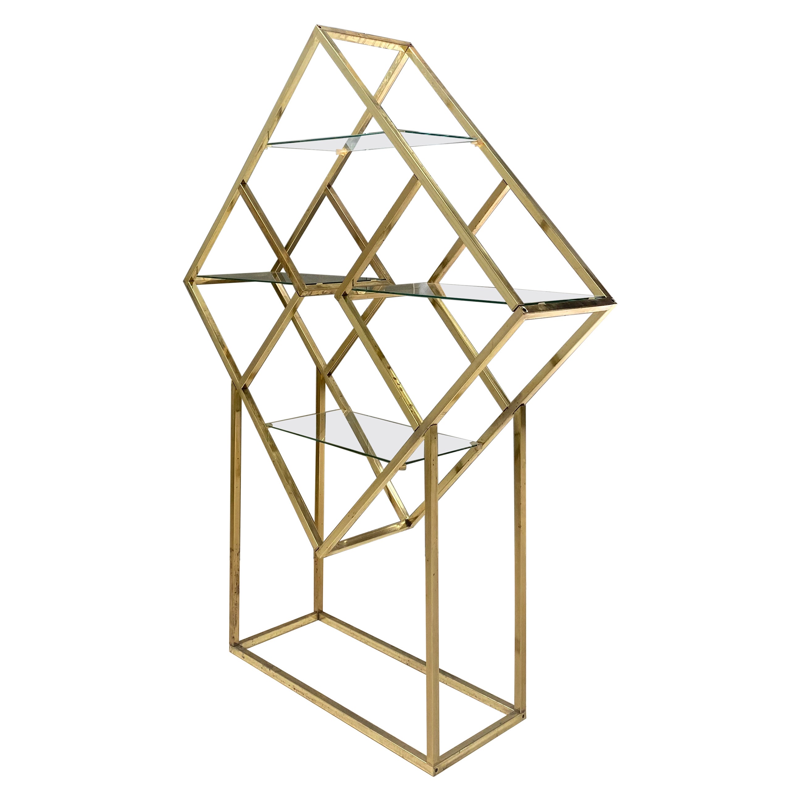 Milo Baughman Style Mid Century Brass and Glass Diamond Étagère Etagere