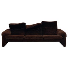 Italian Brown Velvet 3 - Seater Maralunga Sofa by Magistretti Cassina, 1970s