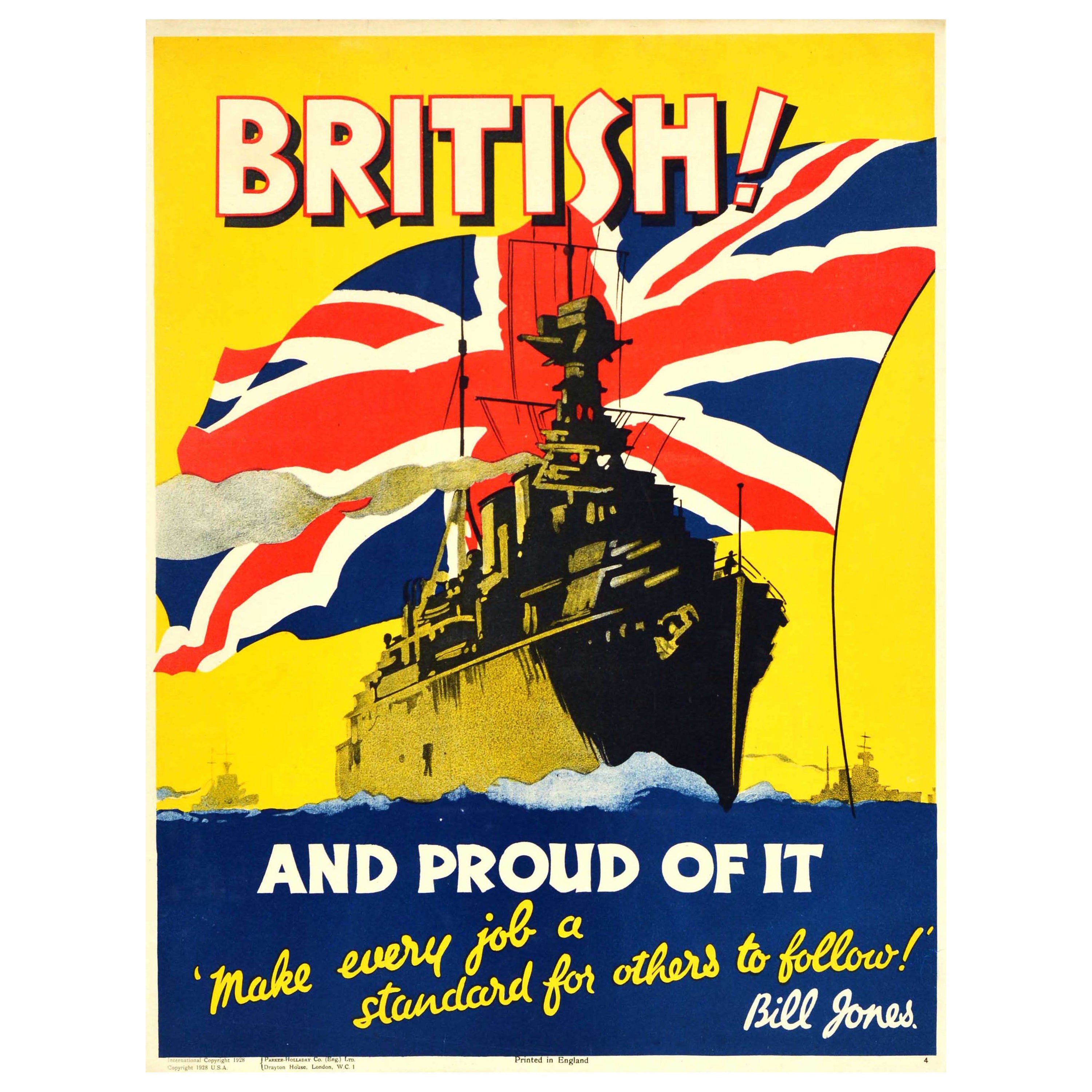 Affiche de motivation vintage d'origine britannique « British And Proud Of It » Bill Jones Union Jack en vente