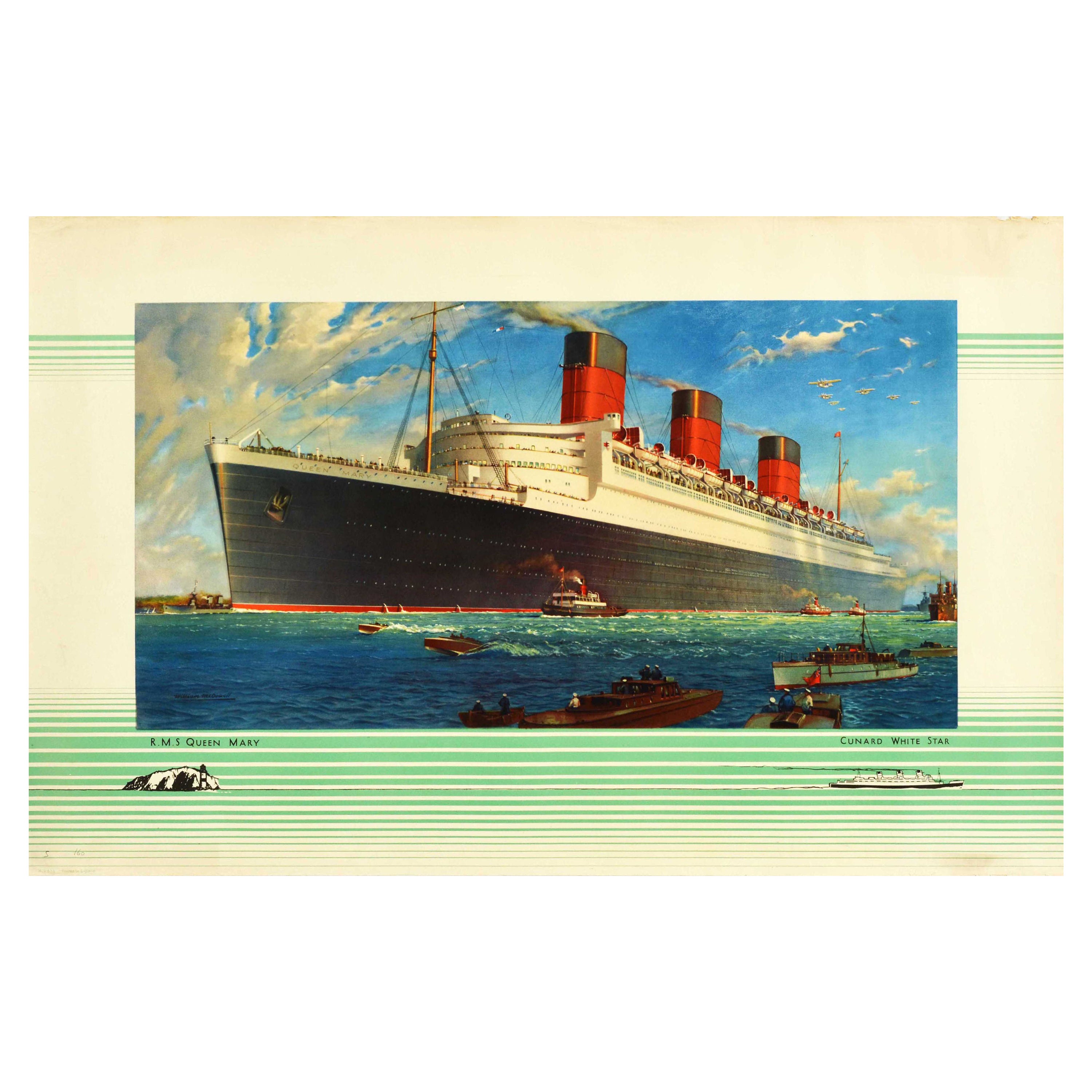 Original Vintage Ship Poster Cunard White Star RMS Queen Mary Ocean Liner Travel