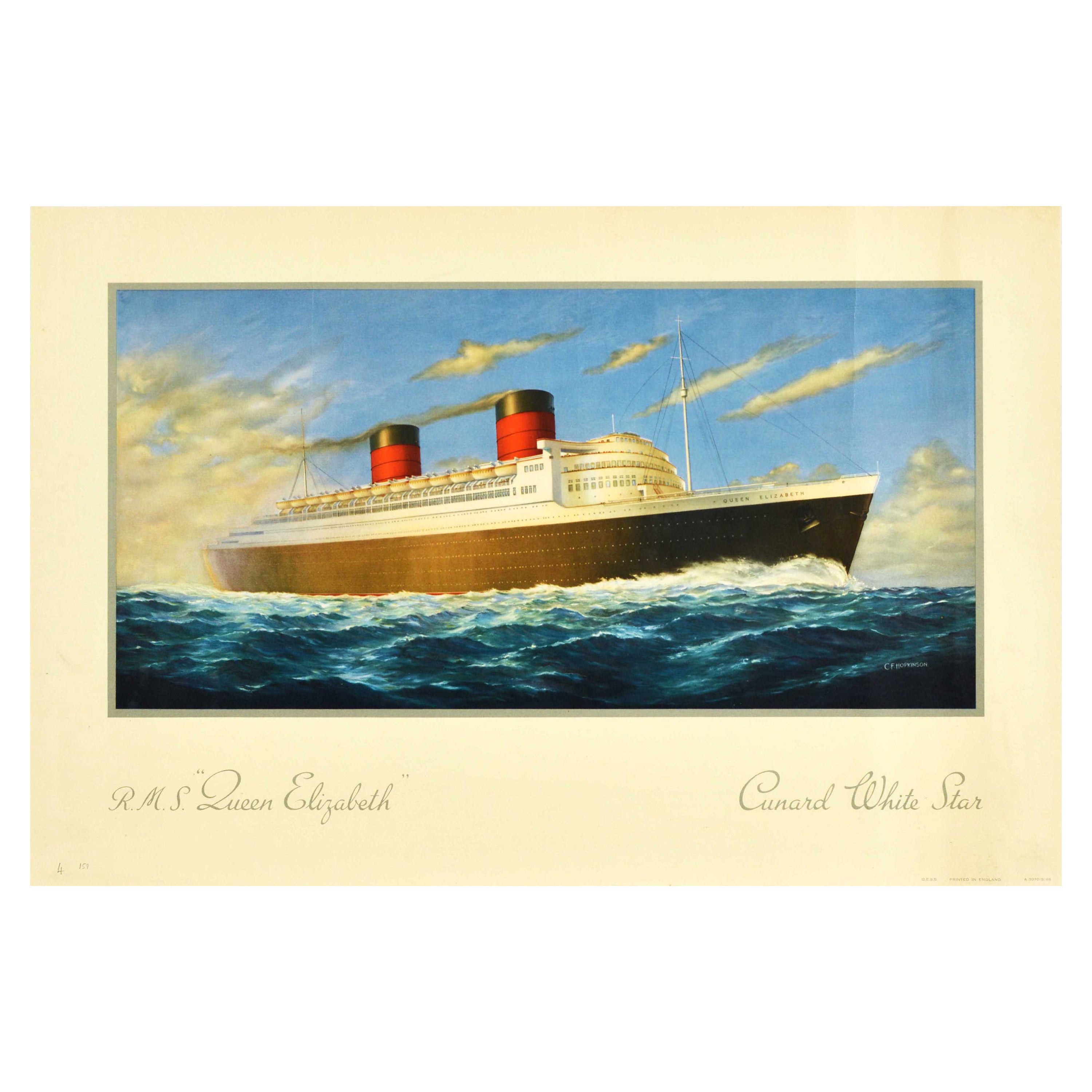 Original Vintage Ship Poster Cunard White Star RMS Queen Elizabeth Ocean Liner For Sale