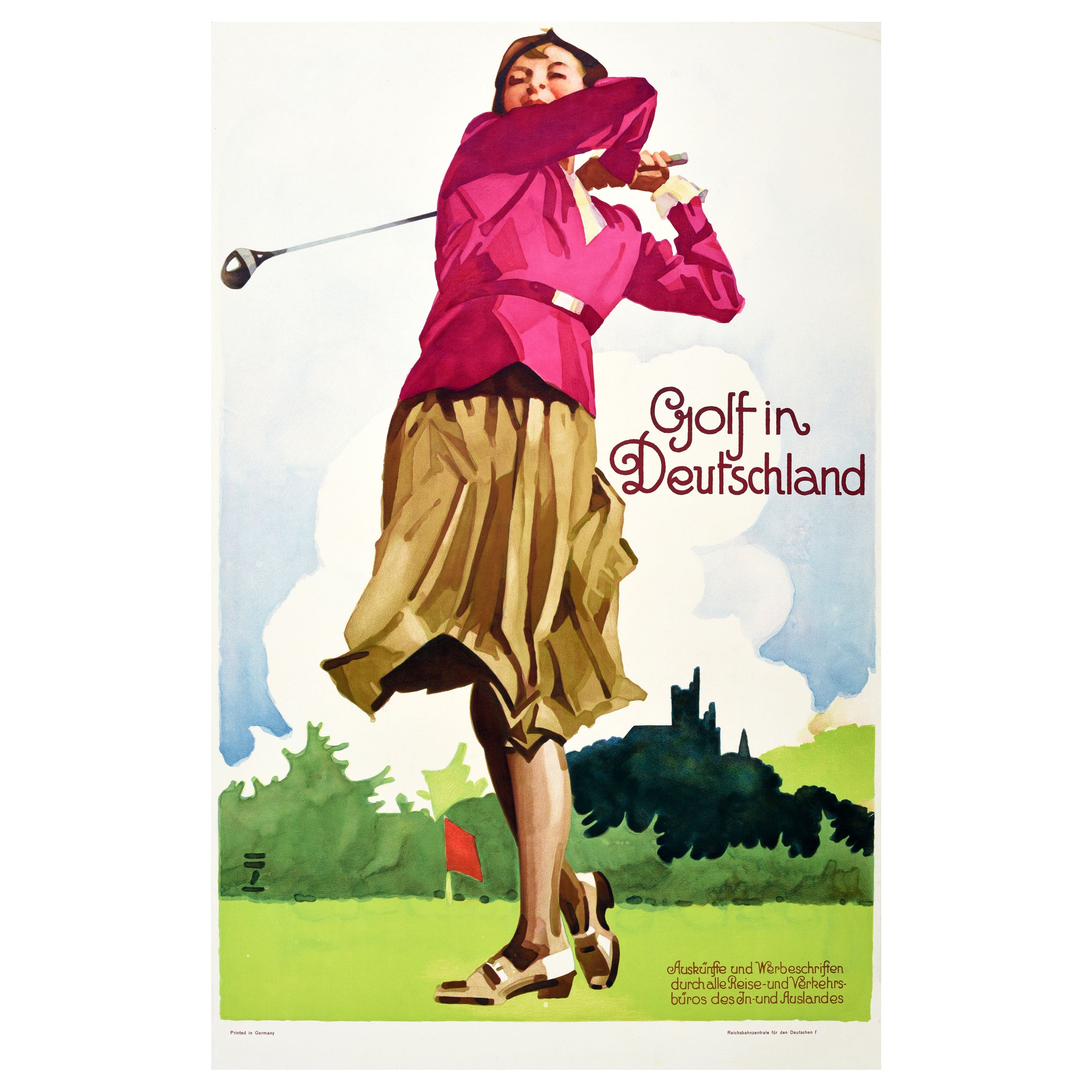 Affiche vintage originale, Golf en Allemagne, Sport, Voyage, Golfeur, œuvre d'art en vente