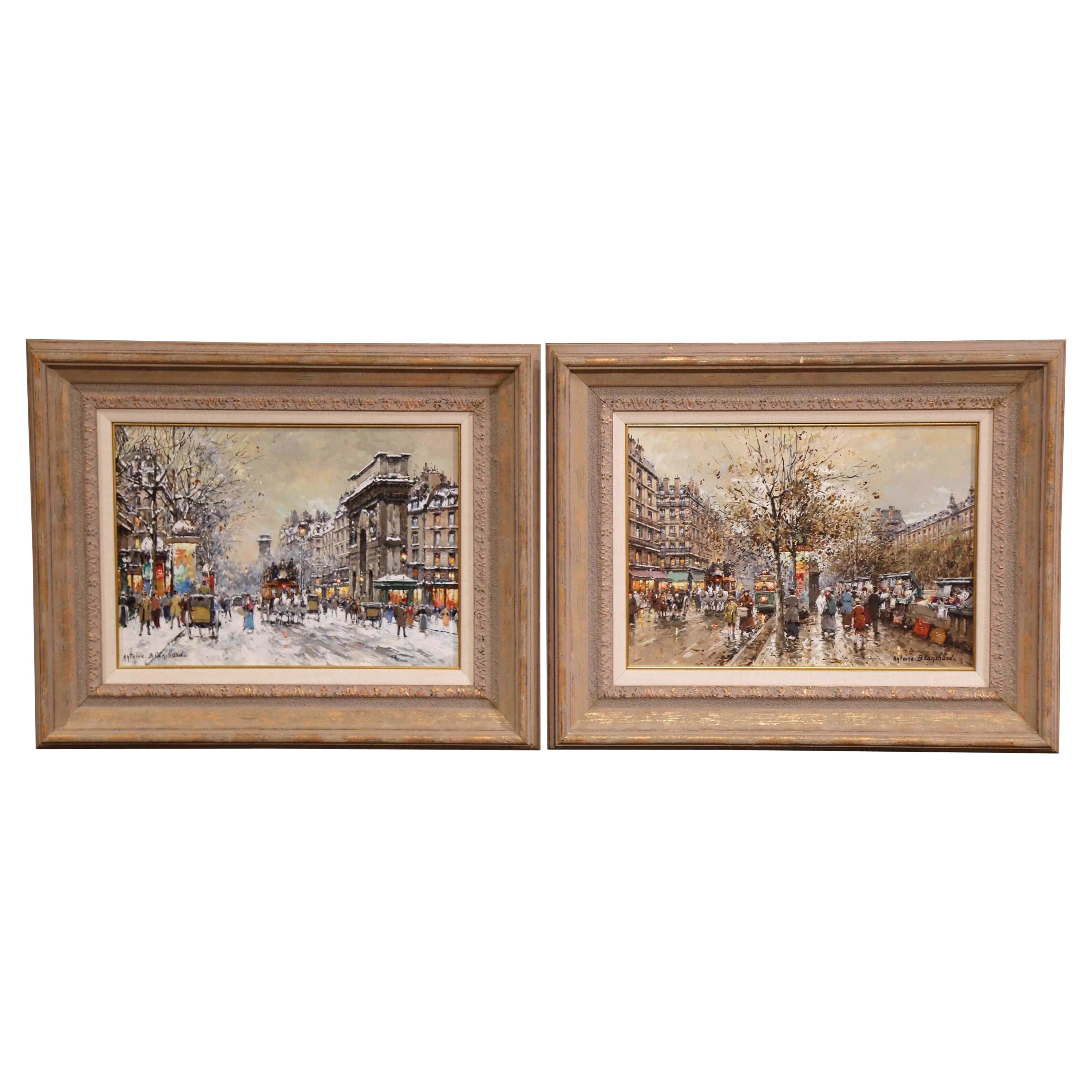 Pair of Mid-Century Oil on Canvas Parisian Scenes Paintings Signed A. Blanchard