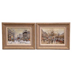 Vintage Pair of Mid-Century Oil on Canvas Parisian Scenes Paintings Signed A. Blanchard