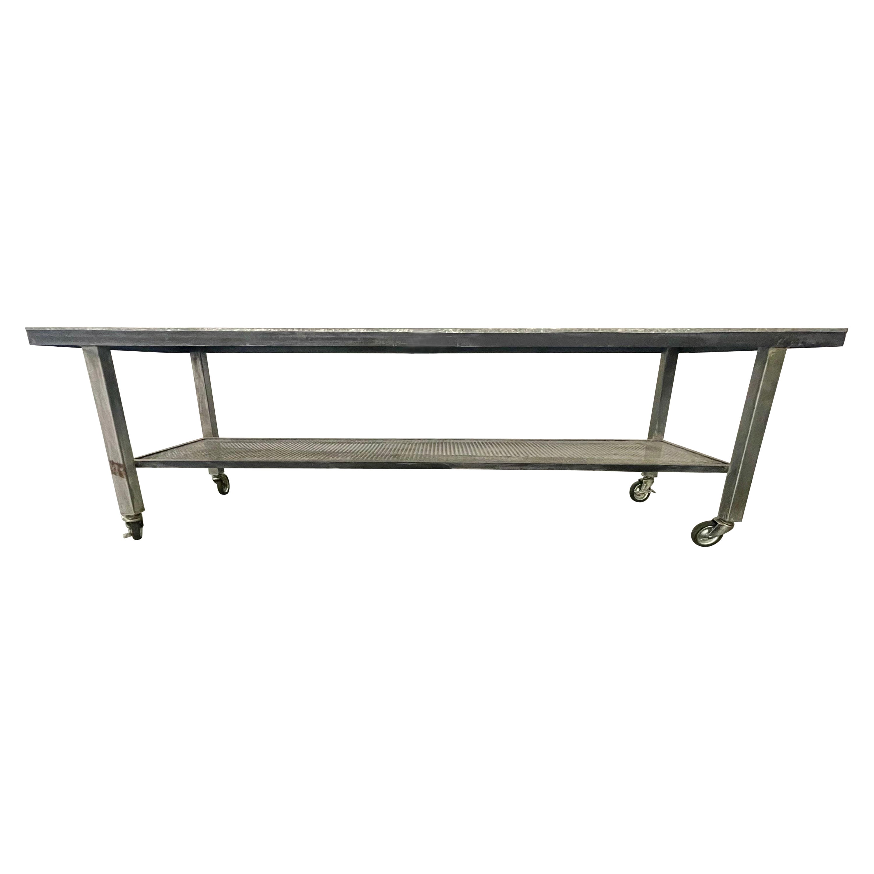 Vintage Style Metal Industrial Table on Wheels, circa 2000 For Sale