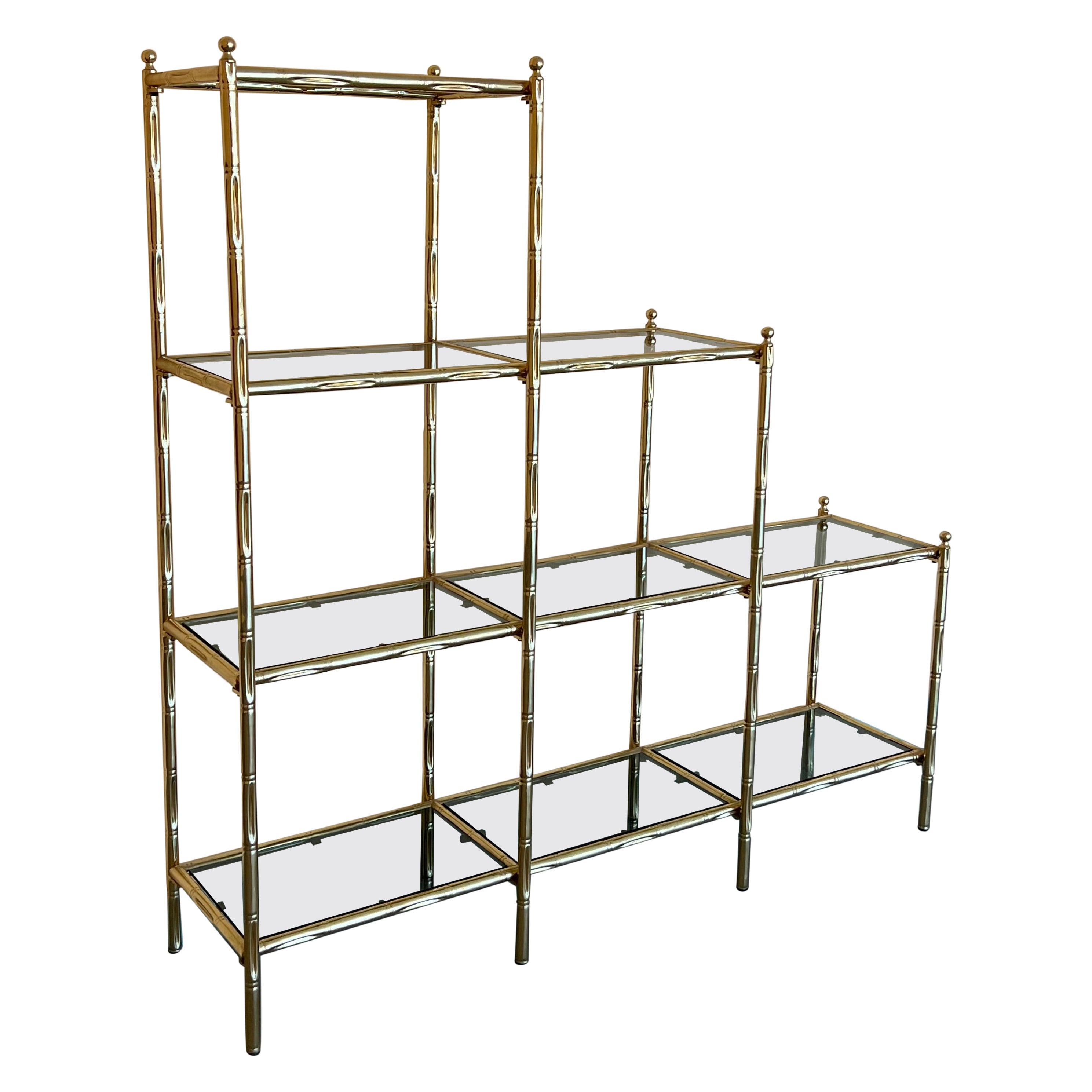 Mid-Century Modern Faux Bamboo Brass Etagere with Stair Form and Smoked Glass
