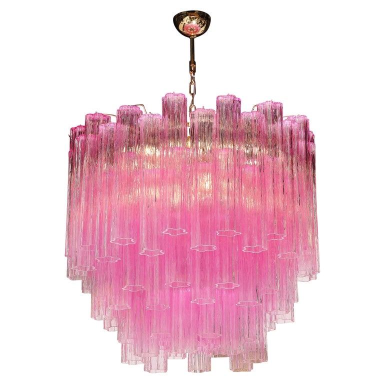 Modernist Handblown Murano Translucent Fuschia Chandelier with Chrome Fittings For Sale