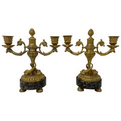 Pair Antique French Gold Bronze Candelabra on Green Marble Bases, Circa 1885.