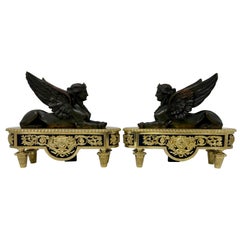 Pair Antique French Empire Period Gold & Patinated Bronze Andirons Ca. 1790-1810
