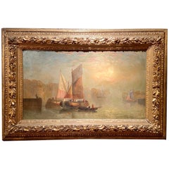 Antique 19th Century Dutch Maritime Oil on Canvas Painting in Old Gold Frame