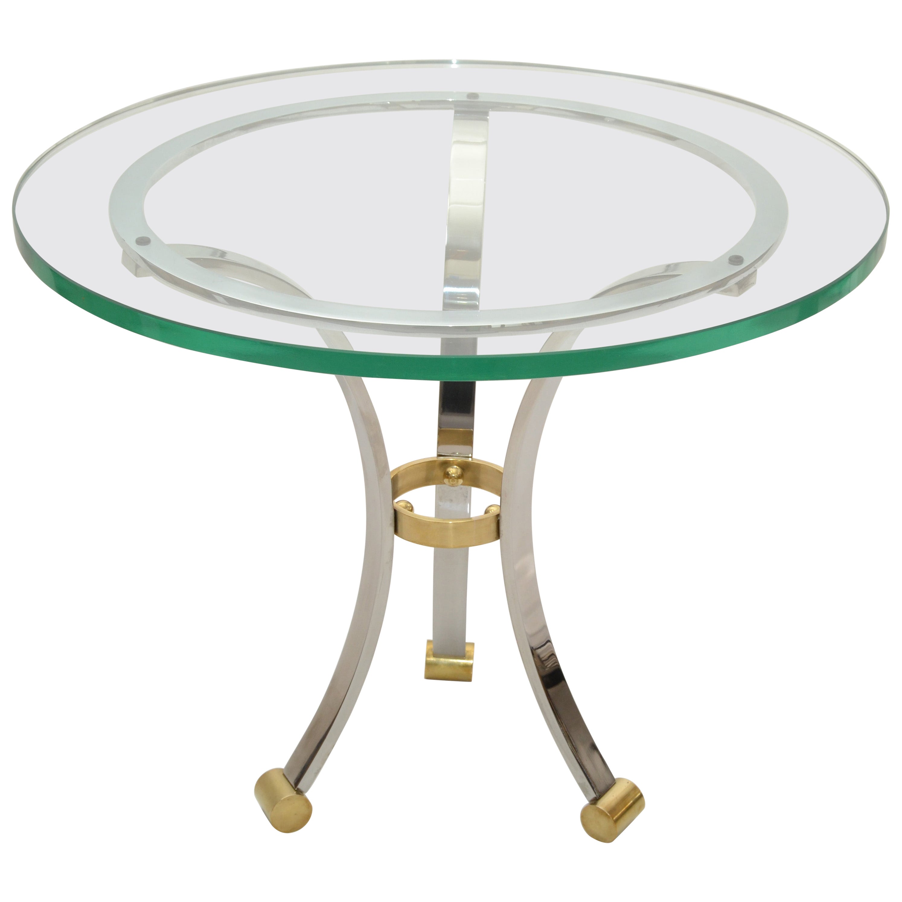 French Maison Jansen Round Glass, Brass & Steel Coffee Table Neoclassical, 1960s