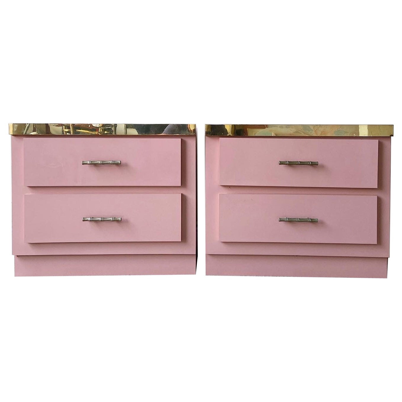 Postmodern Pink Lacquer Laminate & Gold Nightstands, a Pair