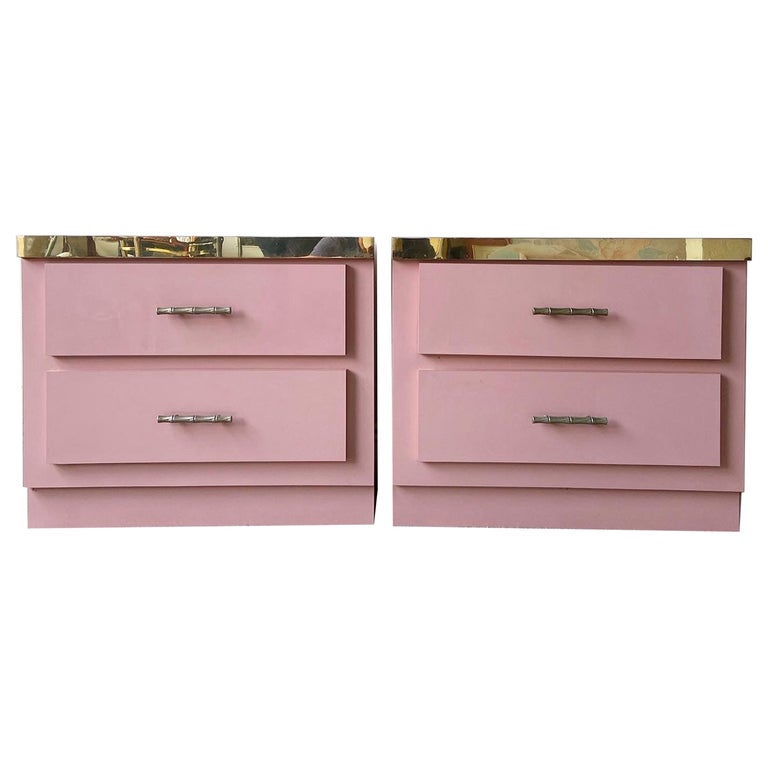 Postmodern Pink Lacquer Laminate and Gold Nightstands, a Pair For Sale