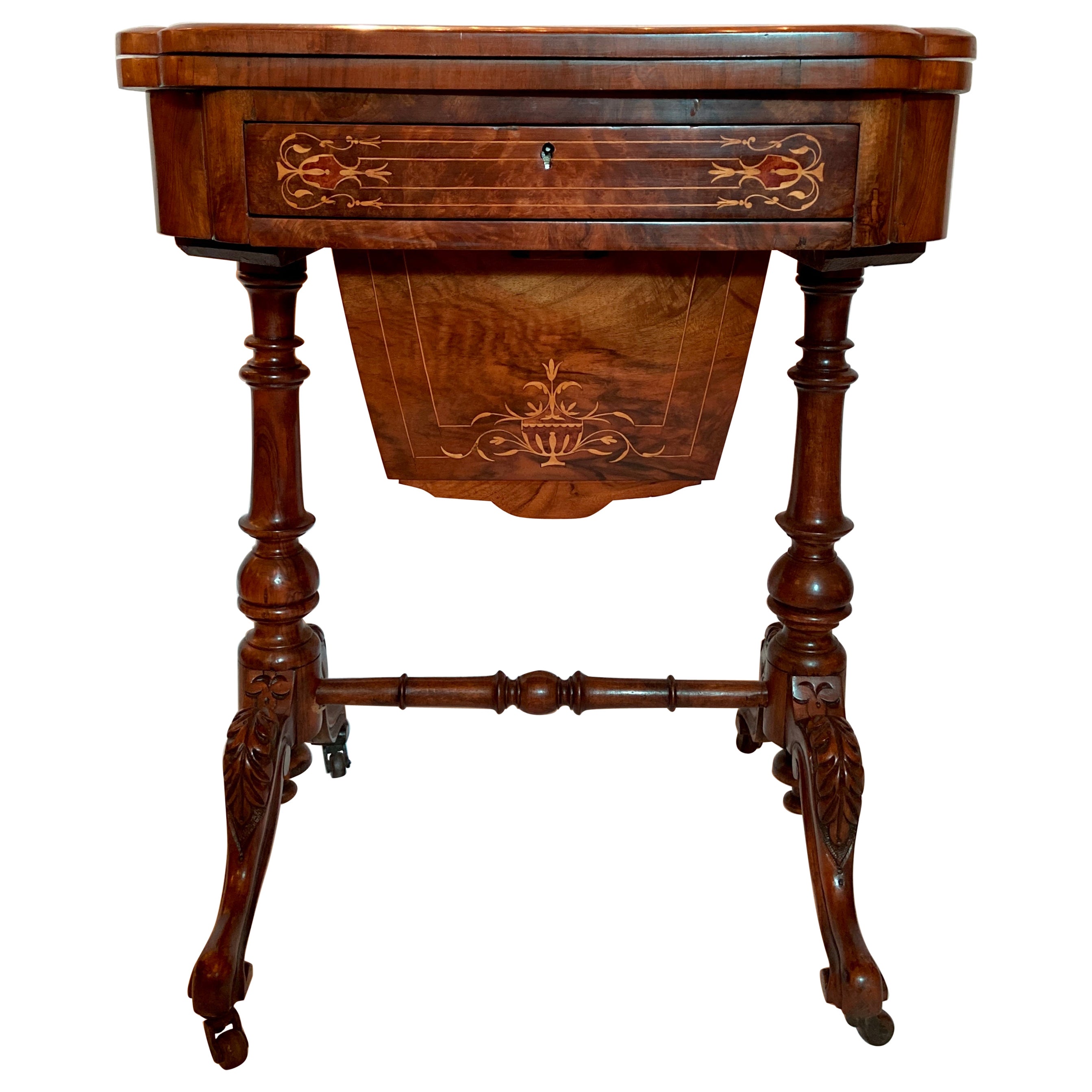 Antique English Burled Walnut Satinwood Inlaid Games Table, Circa 1865-1885