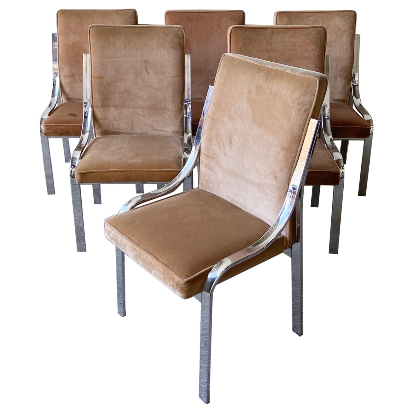 Mid Century Modern Brown Velvet & Chrome Dining Chairs - 6 Pieces
