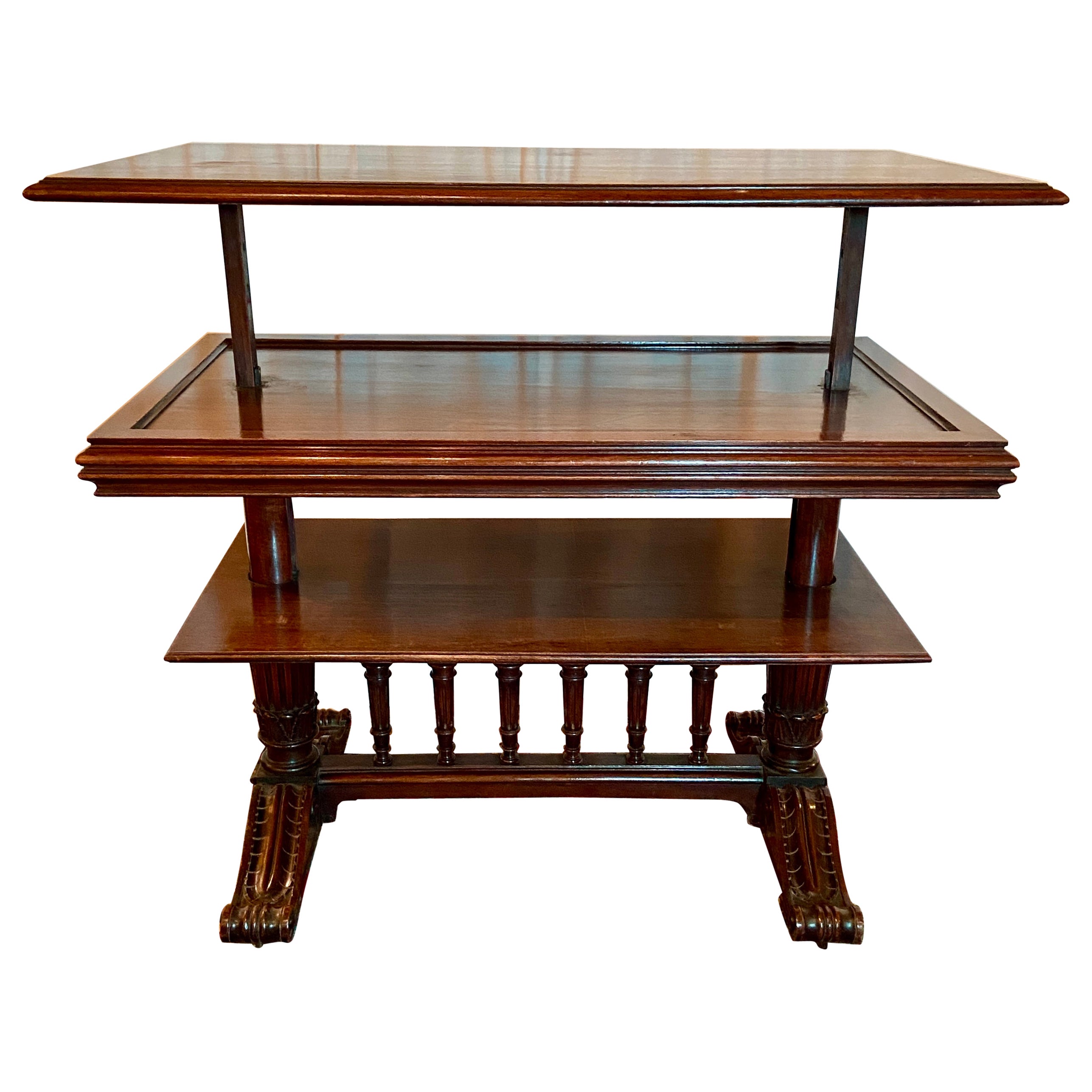 Ancienne table mécanique anglaise du 19ème siècle en acajou à deux niveaux