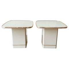 Postmodern Cream Mirror Top Side Tables with Gold Trim, a Pair