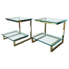 1980s Hollywood Regency Milo Baughman Style Two Tier Glass Top Gold Side Tables