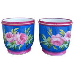 Pair of Antique Paris Porcelain Cachepots with Pink Peonies