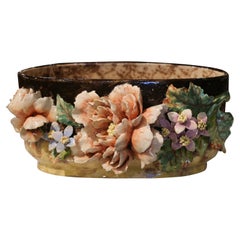 Used 19th Century French Painted Faience Barbotine Floral Jardinière from Montigny