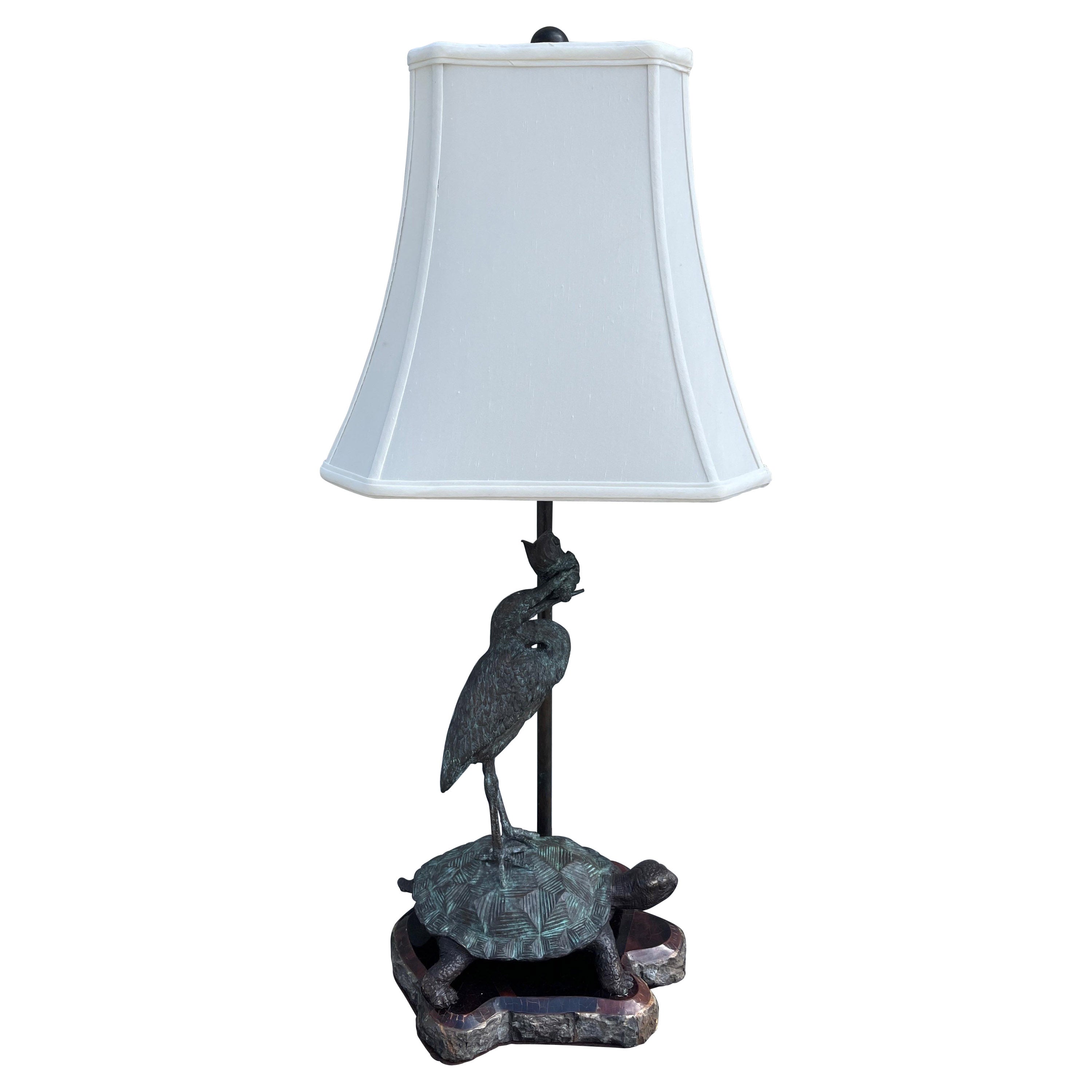 Vintage Bronze Bird & Turtle Lamp on Pen Shell Base For Sale