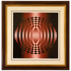 Mid-Century Modern Mark Rowland Red Op Art 'Whim', Signed Lithograph Framed