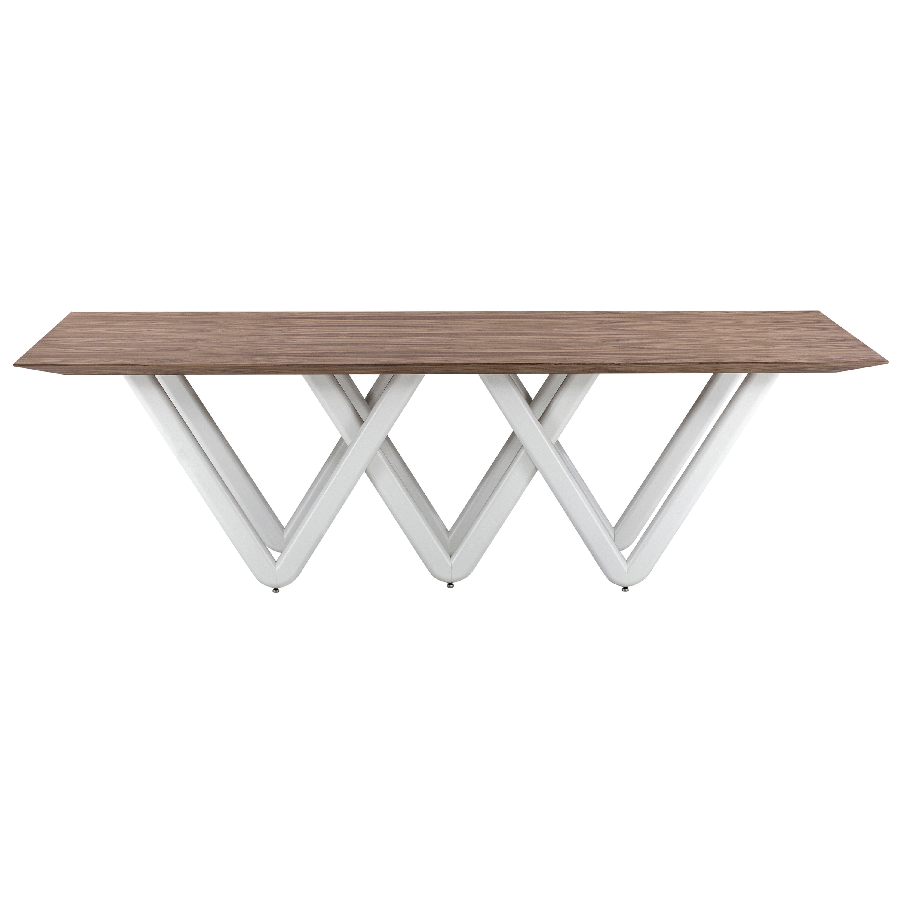 Dablio Dining Table with a Walnut Wood Veneered Table Top and White Base 98''