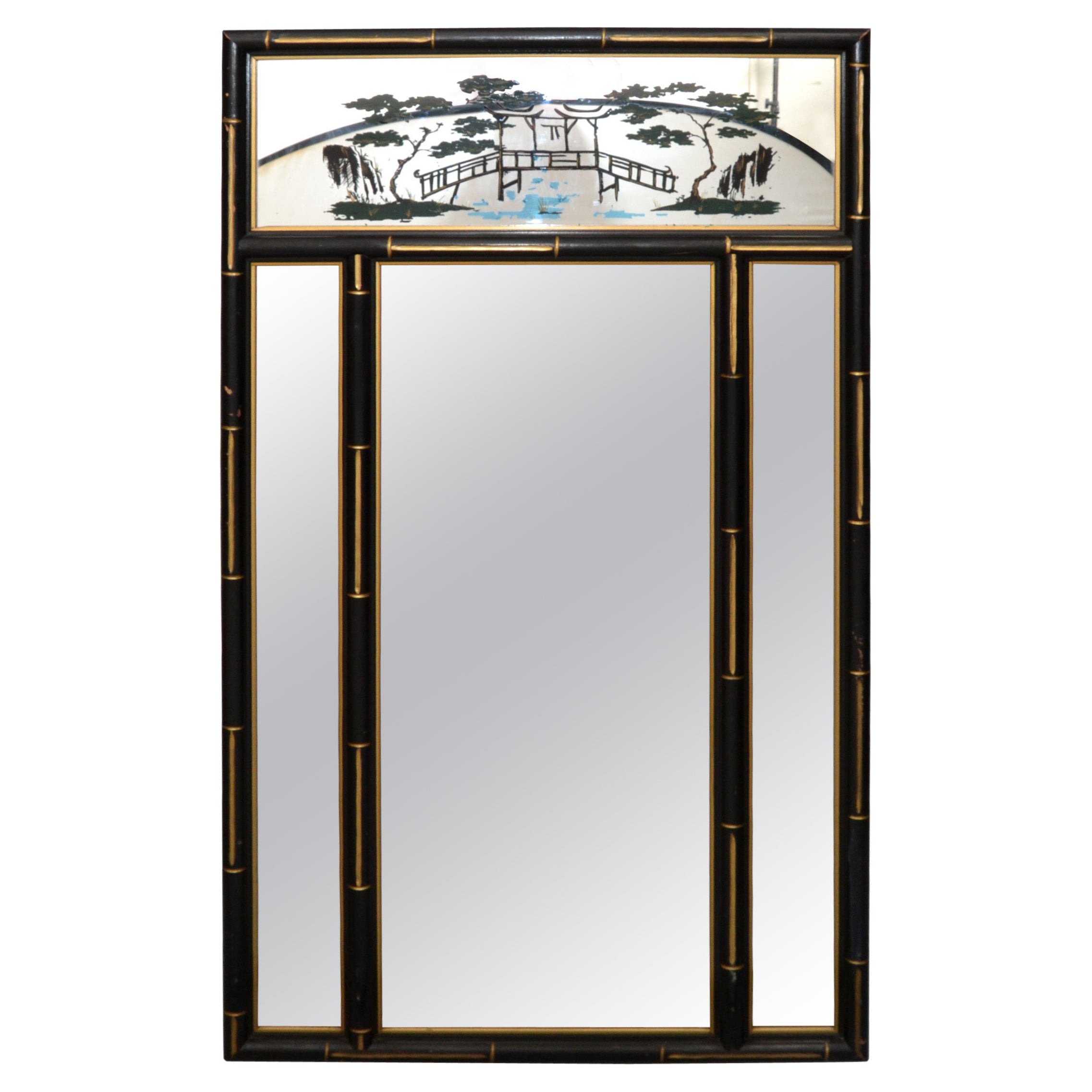 Chinoiserie Faux Bamboo Wall Mirror Black & Gold Finish Chinese Export, 1970 For Sale