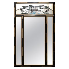 Chinoiserie Faux Bamboo Wall Mirror Black & Gold Finish Chinese Export, 1970