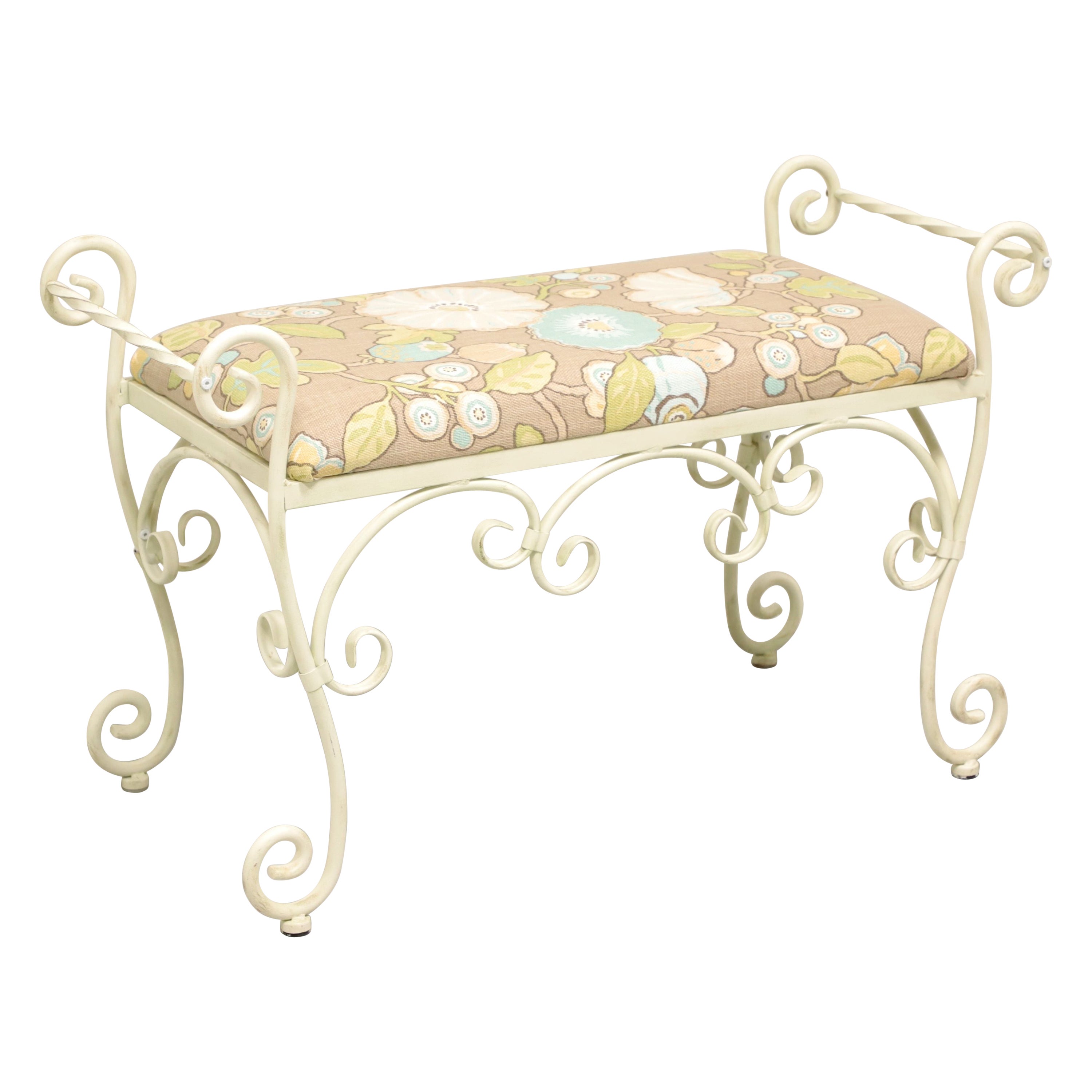Vintage Wrought Iron White Painted Vanity Bench For Sale