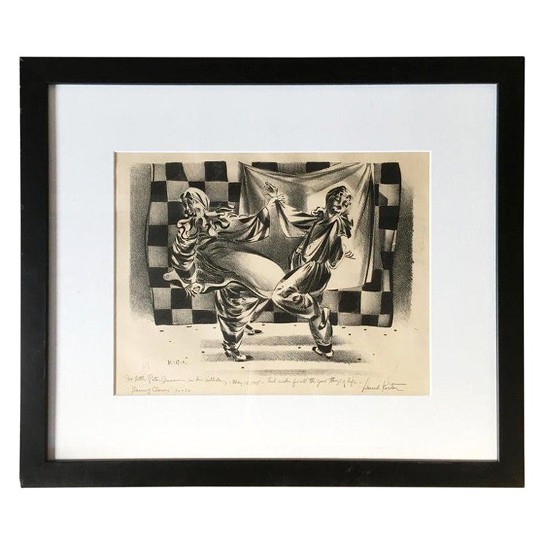 "Dancing Clowns" Black and White Drawing By Former Disney Artist Lenard Kester For Sale
