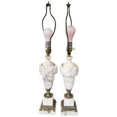 Antique Italian Bronze Mounted Carved Laurels Alabaster Marble Table Lamps, Pair