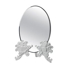 Vanity Mirror on White Lacquered Wood Base with Matte White Porcelain