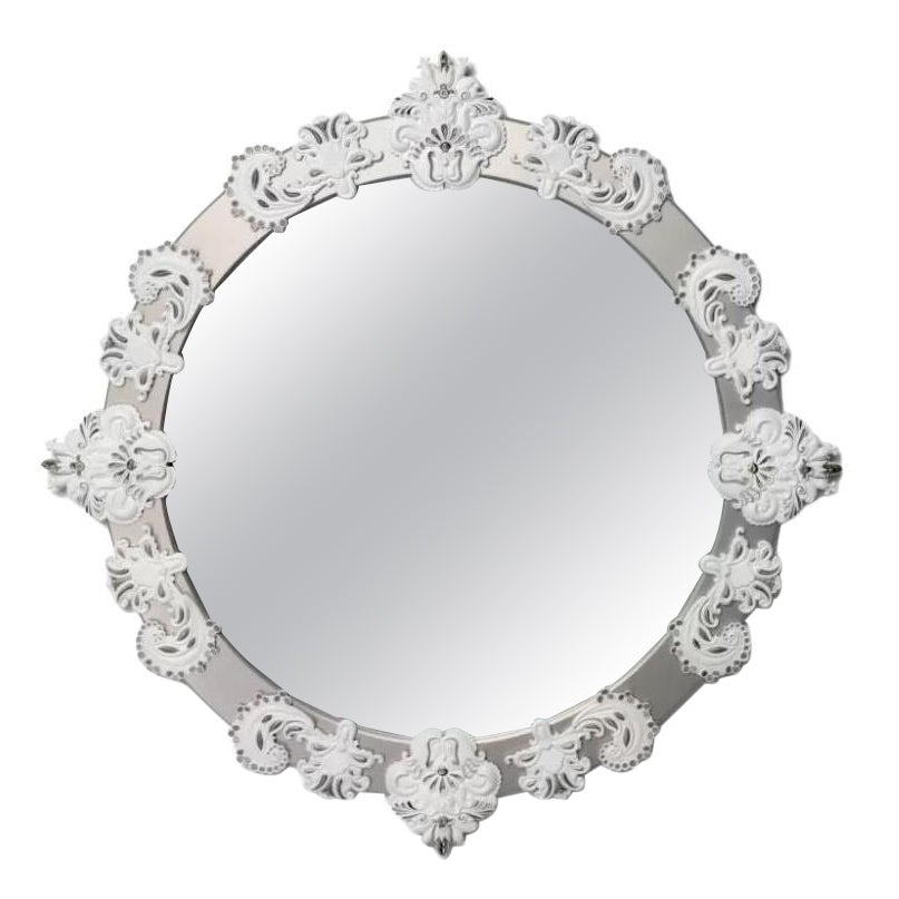 Round Limited Edition Large Wall Mirror with Silver Wood Frame & White Porcelain