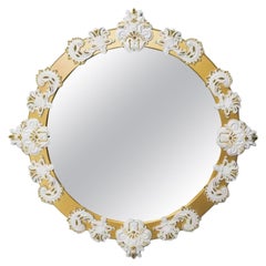 Round Limited Edition Large Wall Mirror with Golden Wood Frame & White Porcelain