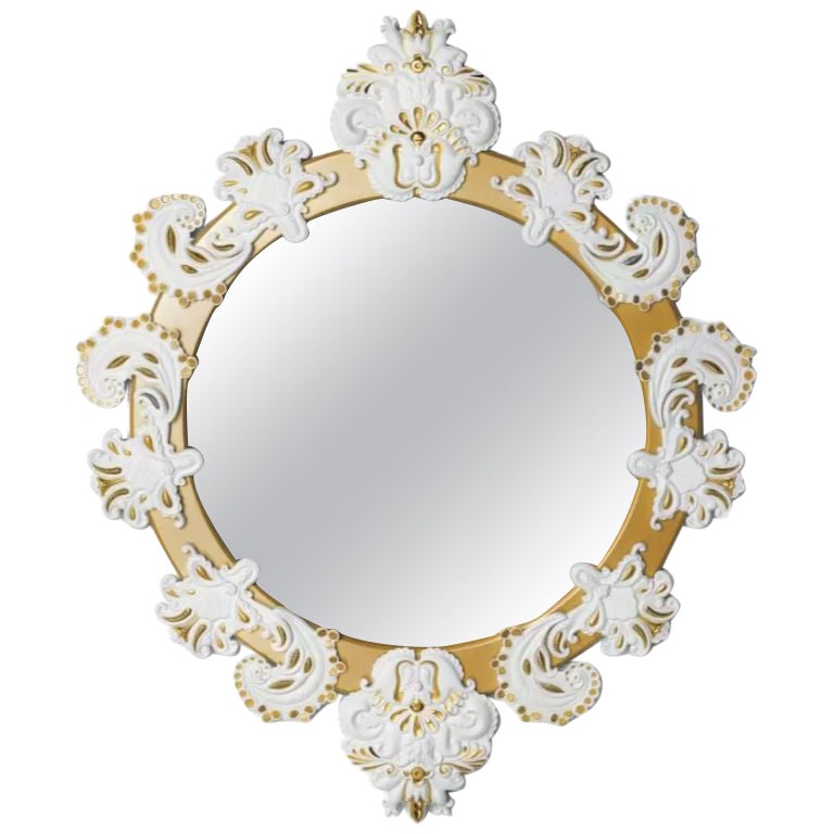 Round Limited Edition Wall Mirror with Golden Wood Frame and White Porcelain