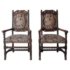 Antique Jacobean Carved Wood Arm Chairs