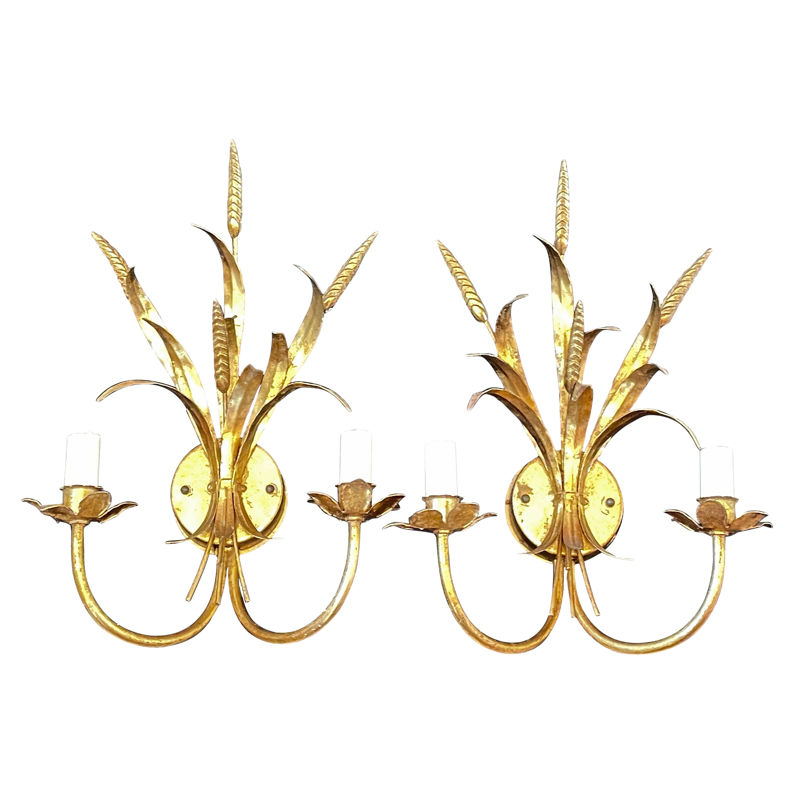 Pair of Wheat Sheaf Two-Light Gilded Tole Sconces by Hans Kögl, Germany, 1970s For Sale